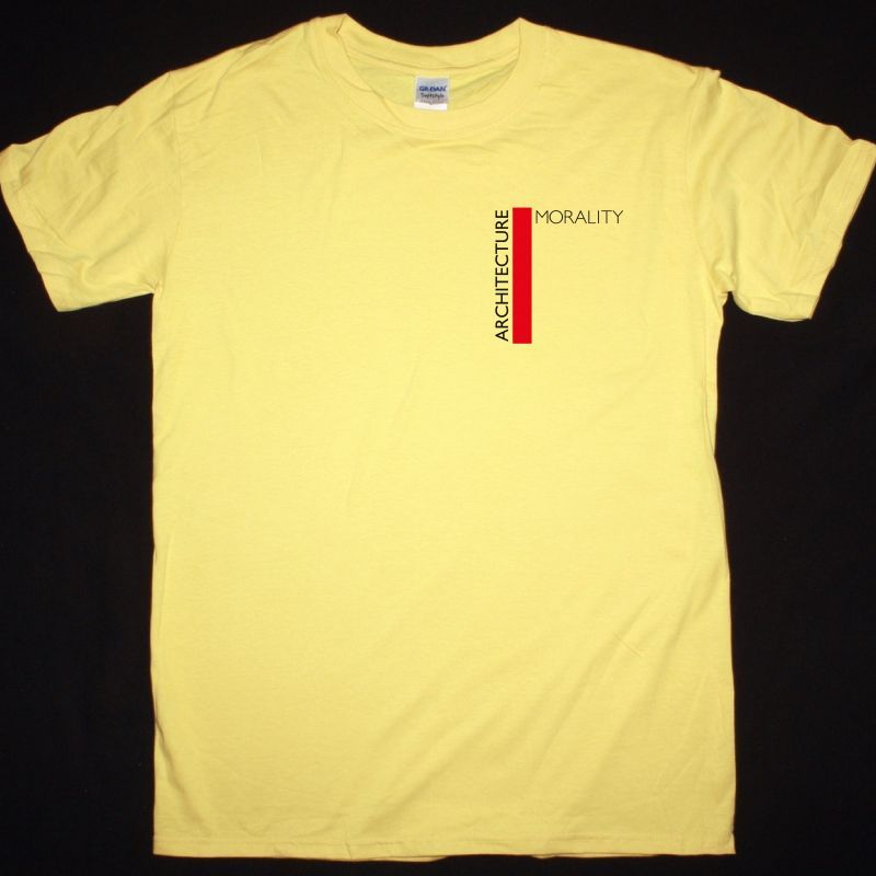 ORCHESTRAL MANOEUVRES IN THE DARK ARCHITECTURE & MORALITY LOGO NEW YELLOW T-SHIRT