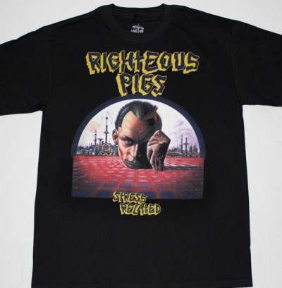 RIGHTEOUS PIGS STRESS RELATED'90 NEW BLACK T-SHIRT